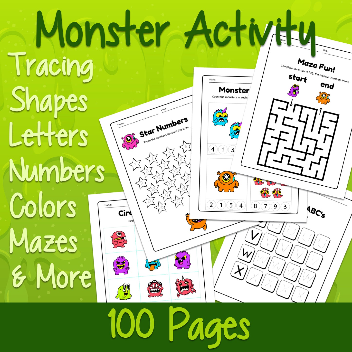 Downloadable Printable Monster Themed Activity Pages for Kids